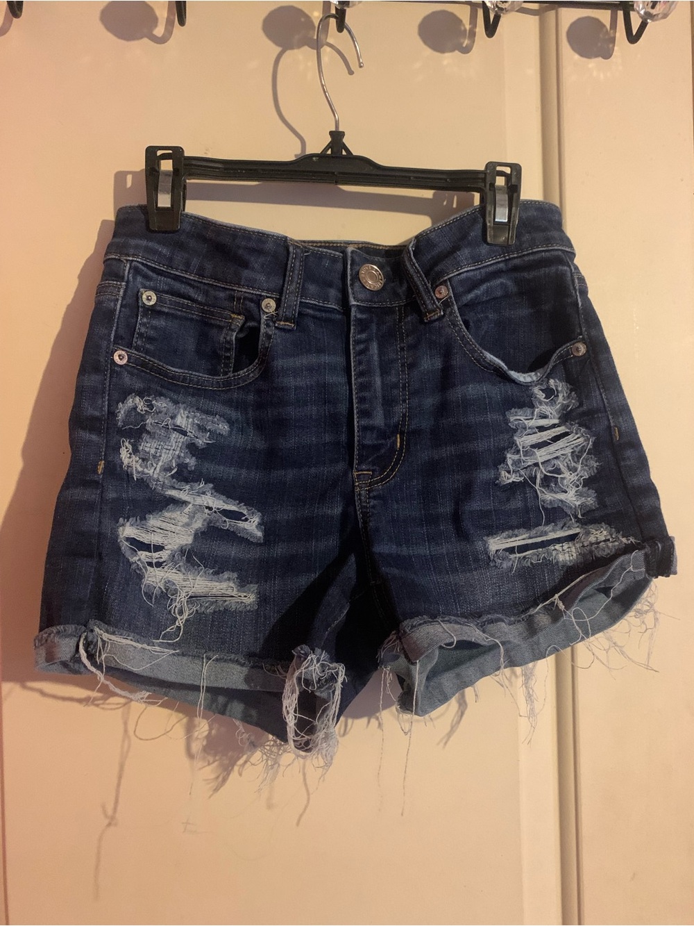 American Eagle Outfitters Dark Blue Distressed Denim Jean Shorts